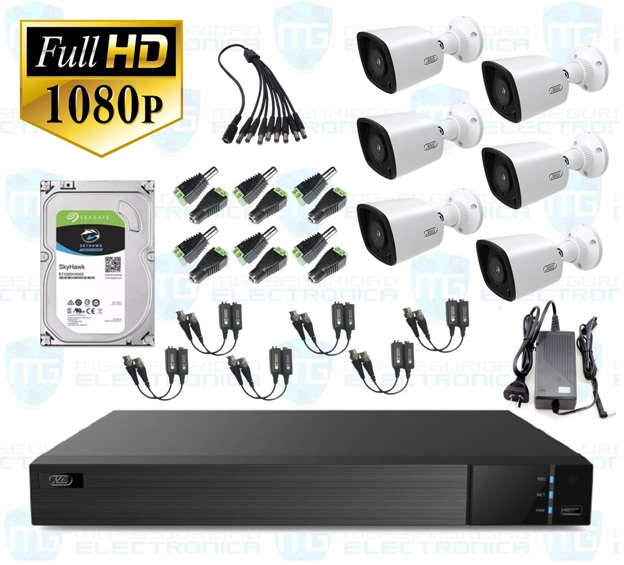 DVR, disco 2 TB, 6 cámaras bullet, balunes, fuente centralizada y conectores.